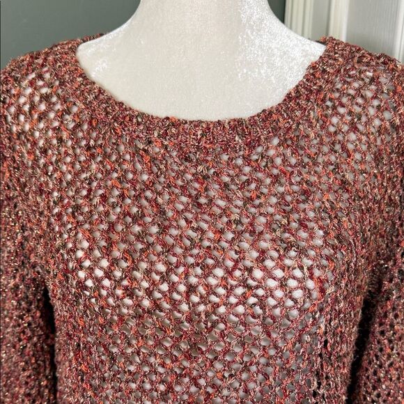 Ruby Rd. Red Multi Color Open Knit Top with Drawstring to cinch on one side - Picture 3 of 10